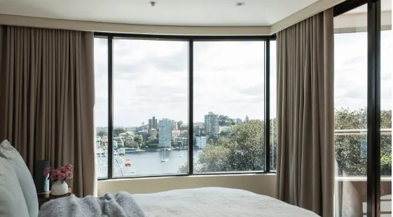 Pinch pleat blockout curtains to a ceiling pelmet, Neutral Bay