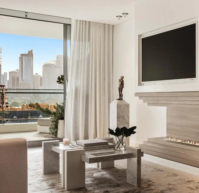 Sheer curtains in a city apartment living room