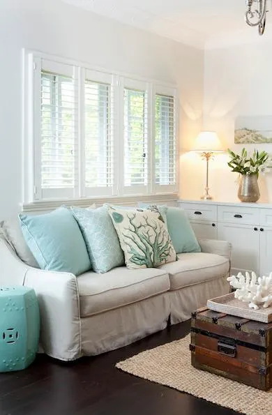 Plantation shutters in a coastal living room