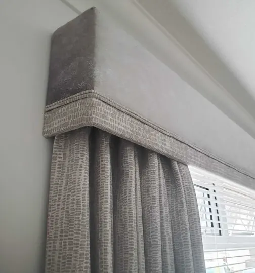 Custom pelmet with trim in Zepel fabric, Drummoyne