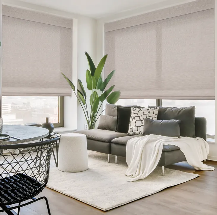 Structured blockout Roman blinds in a living room, Dolans Bay