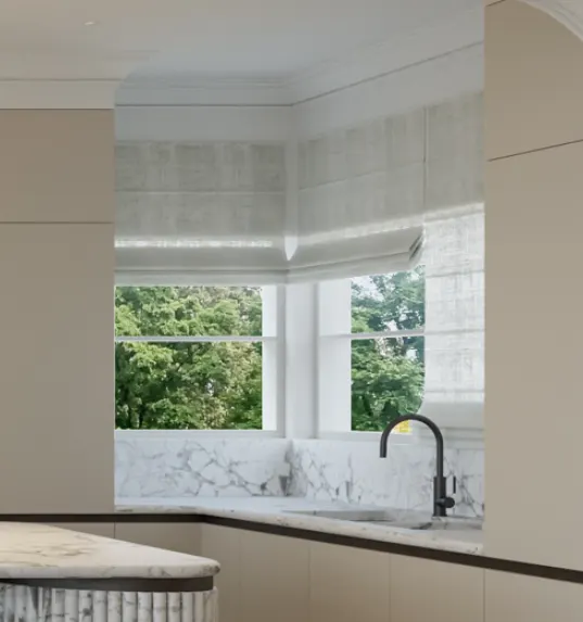 Motorised sheer Roman blinds in Zepel fabric, Point Piper